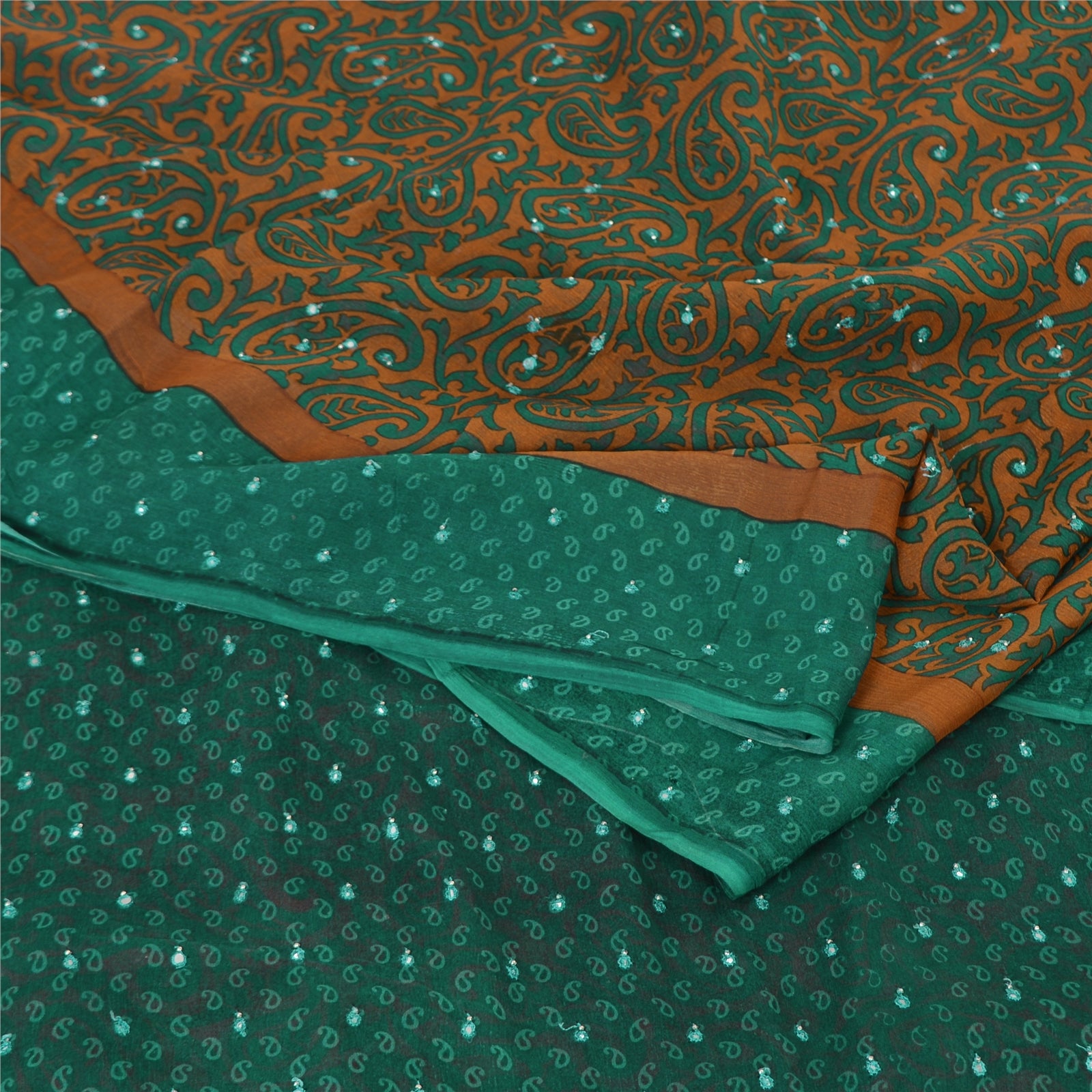 Sanskriti Vintage Pure Chiffon Silk Sari: Hand-Beaded Indian Fabric, Green & Orange Design- Dresses, Kaftans, Skirts, Blouses, Projects