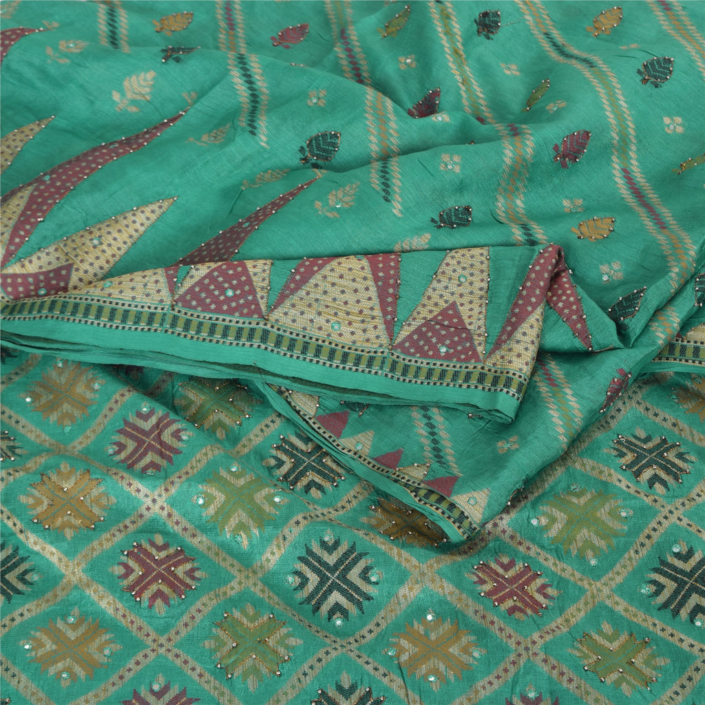 Sanskriti Vintage Indian Green Sarees Pure Silk Hand Beaded Premium Sari Sustainable Fabric