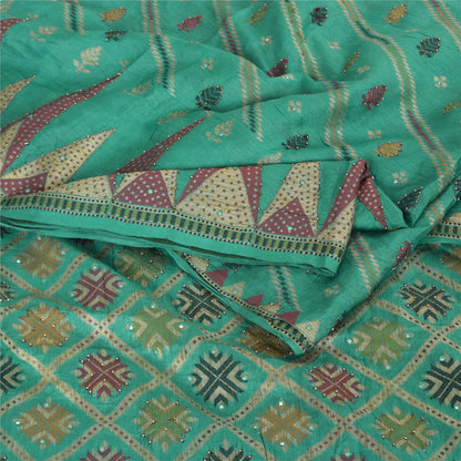 Sanskriti Vintage Indian Green Sarees Pure Silk Hand Beaded Premium Sari Sustainable Fabric