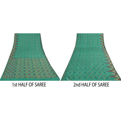 Sanskriti Vintage Indian Green Sarees Pure Silk Hand Beaded Premium Sari Sustainable Fabric