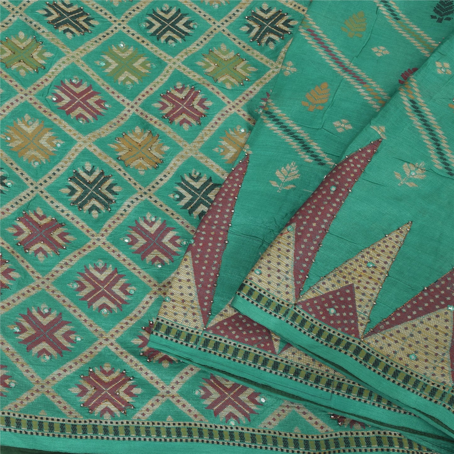 Sanskriti Vintage Indian Green Sarees Pure Silk Hand Beaded Premium Sari Sustainable Fabric