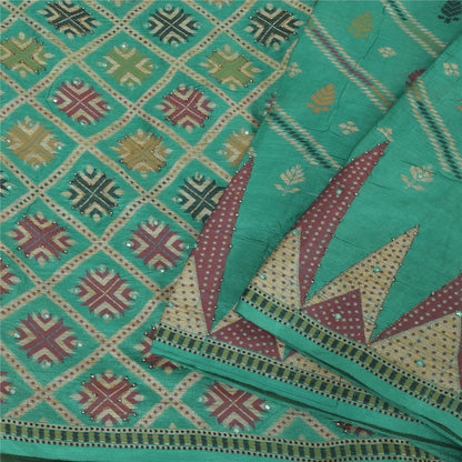 Sanskriti Vintage Indian Green Sarees Pure Silk Hand Beaded Premium Sari Sustainable Fabric