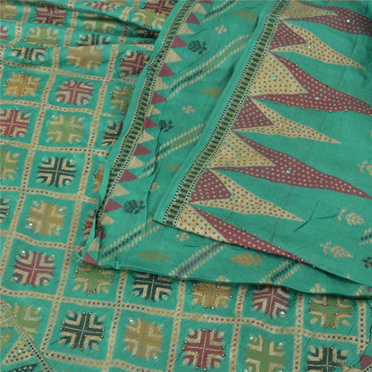 Sanskriti Vintage Indian Green Sarees Pure Silk Hand Beaded Premium Sari Sustainable Fabric