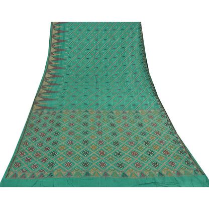 Sanskriti Vintage Indian Green Sarees Pure Silk Hand Beaded Premium Sari Sustainable Fabric