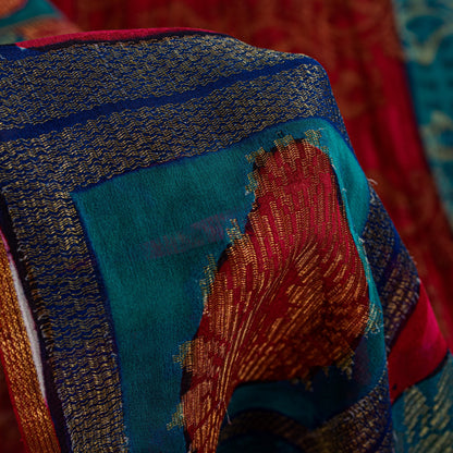 Sanskriti Vintage Red-Blue Sarees Pure Georgette Zari Woven Sari 6yd CraftFabric