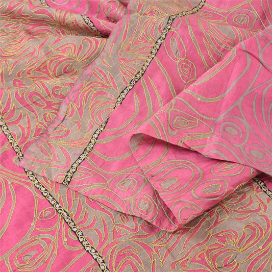 Sanskriti Vintage Pink/Gray Sarees Pure Silk Embroidered Ethnic Sari 5yd Sustainable Fabric