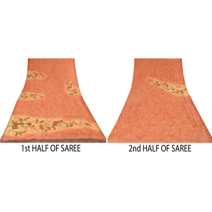 Sanskriti Vintage Peach/Yellow Sarees Pure Georgette Embroidered Sari 5yd Sustainable Fabric