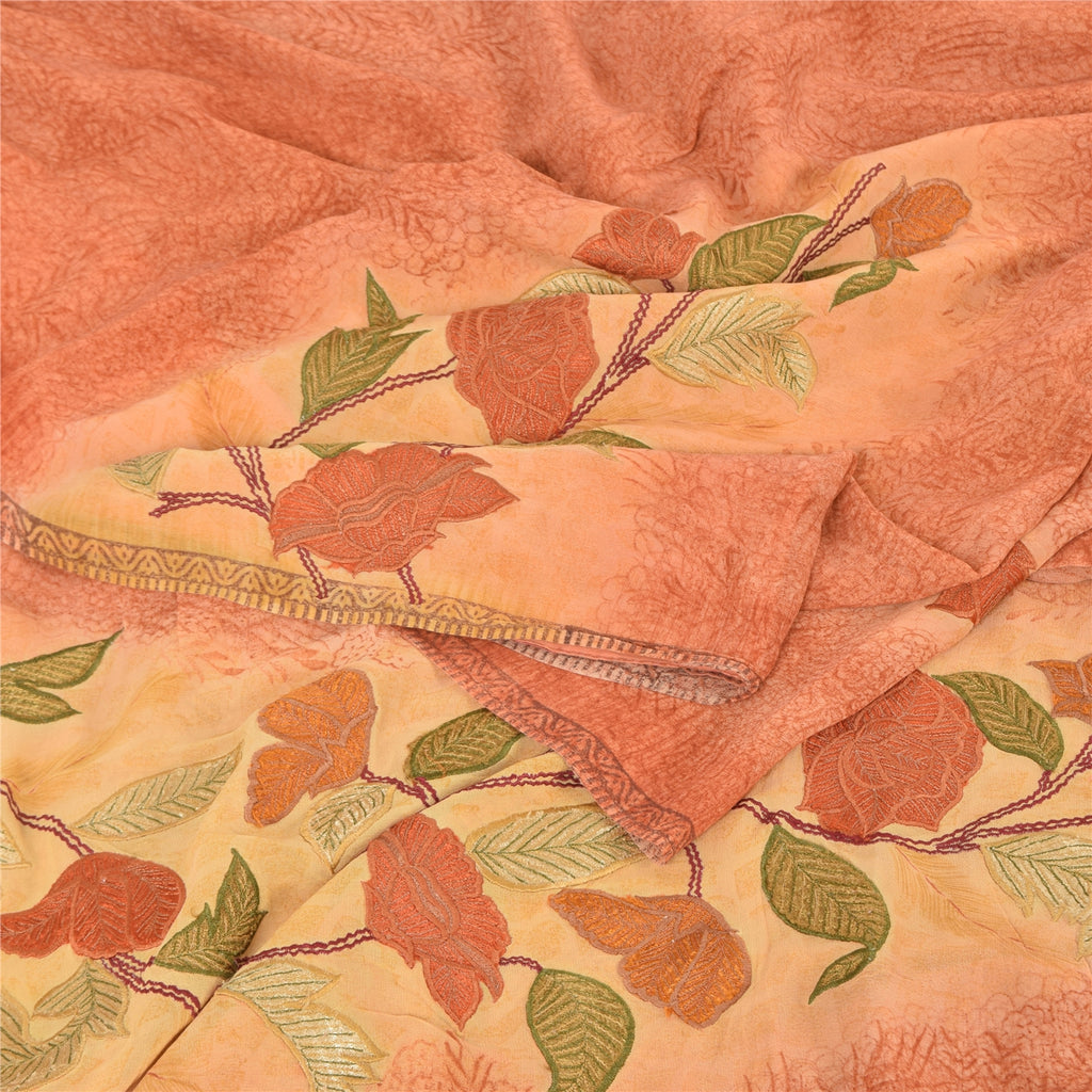 Sanskriti Vintage Peach/Yellow Sarees Pure Georgette Embroidered Sari 5yd Sustainable Fabric