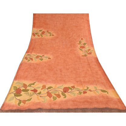 Sanskriti Vintage Peach/Yellow Sarees Pure Georgette Embroidered Sari 5yd Sustainable Fabric