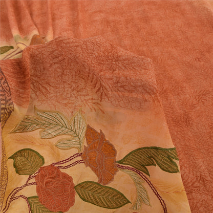 Sanskriti Vintage Peach/Yellow Sarees Pure Georgette Embroidered Sari 5yd Sustainable Fabric