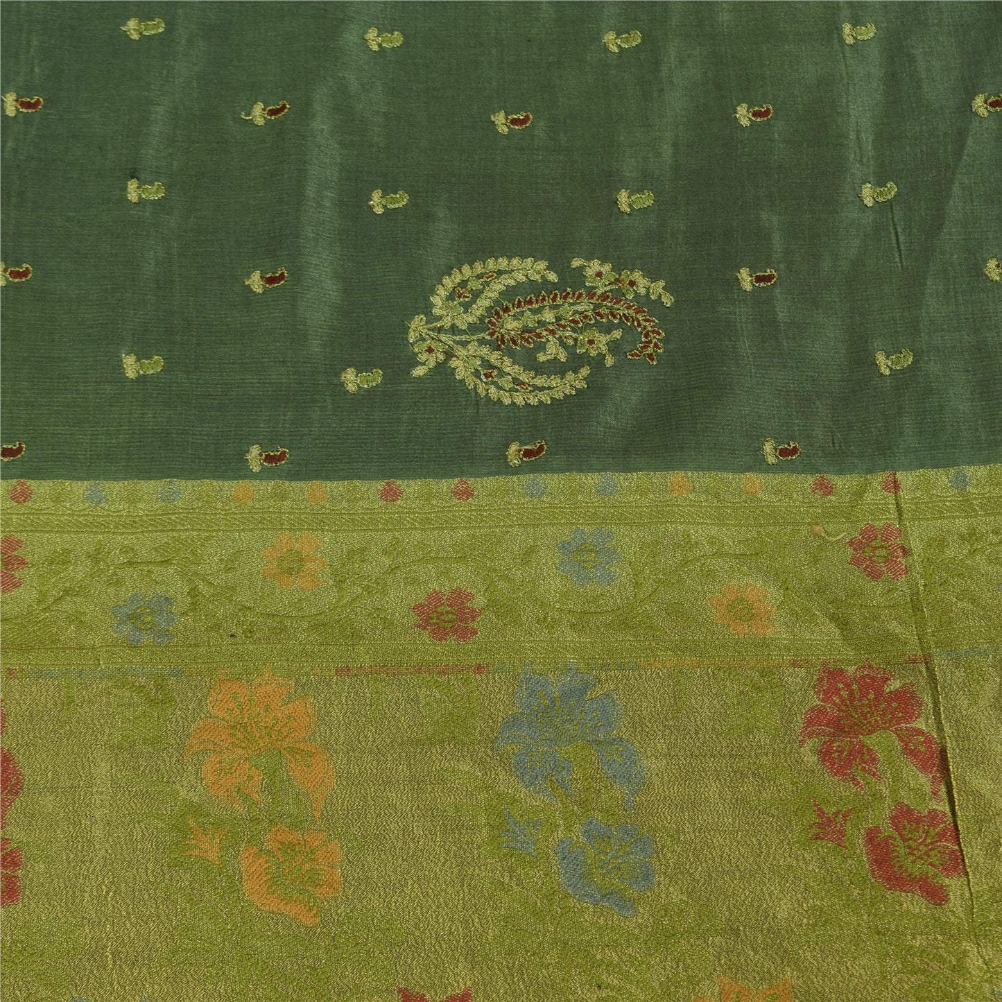 Sanskriti Vintage Indian Dark Green Sarees Pure Silk Hand Woven Sari 5+yd Fabric