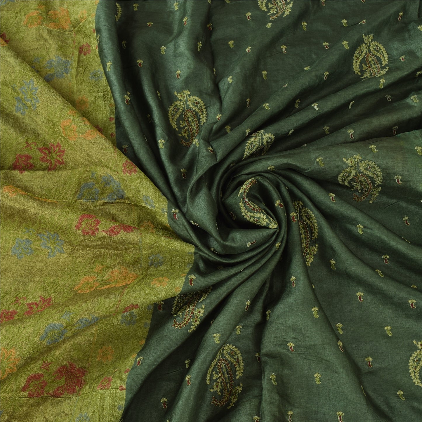 Sanskriti Vintage Indian Dark Green Sarees Pure Silk Hand Woven Sari 5+yd Fabric