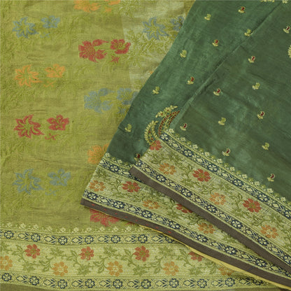 Sanskriti Vintage Indian Dark Green Sarees Pure Silk Hand Woven Sari 5+yd Fabric