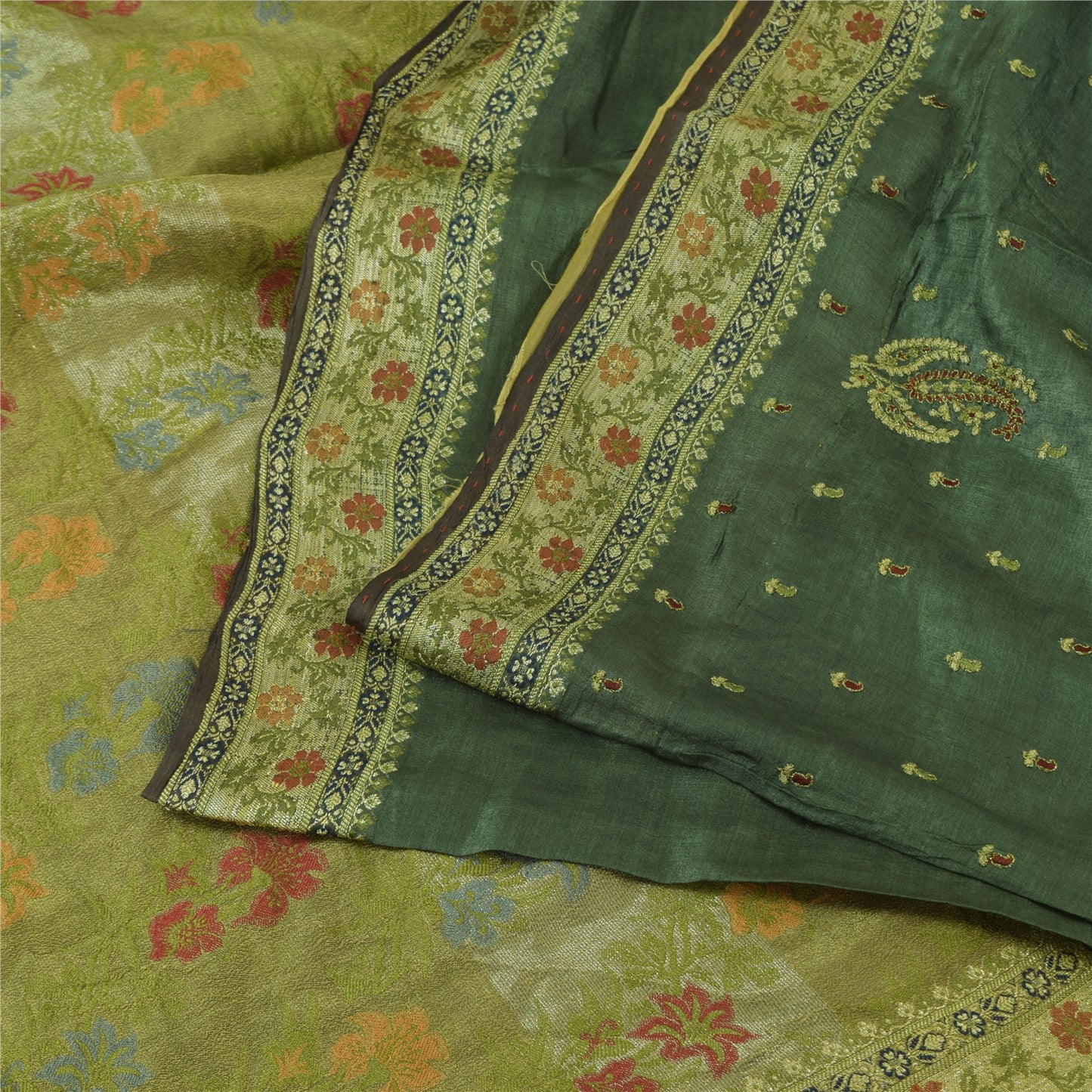 Sanskriti Vintage Indian Dark Green Sarees Pure Silk Hand Woven Sari 5+yd Fabric