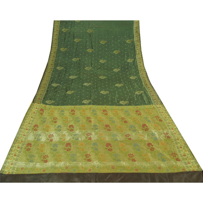 Sanskriti Vintage Indian Dark Green Sarees Pure Silk Hand Woven Sari 5+yd Fabric