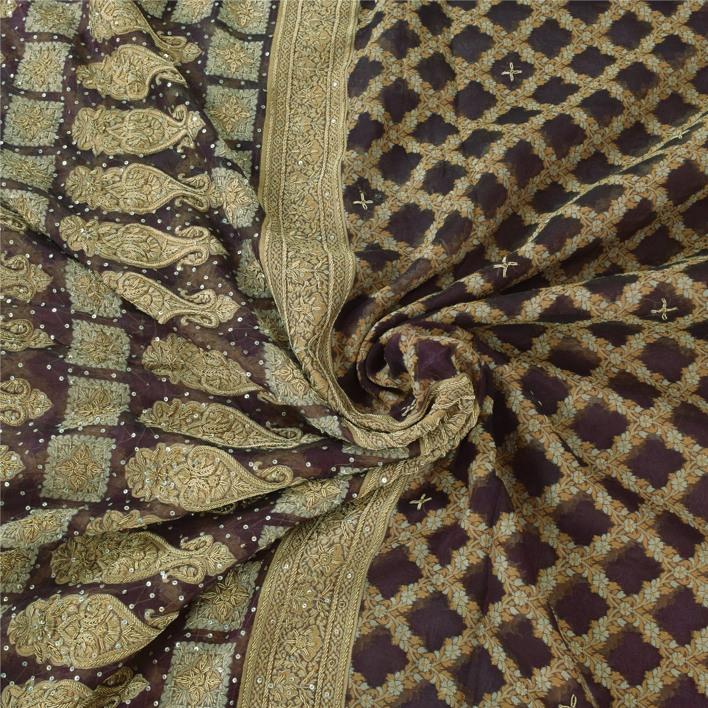 Sanskriti Vintage Sarees Lilla Håndperle ZardozI Vævet Ren Organza Sari Bæredygtigt Stof