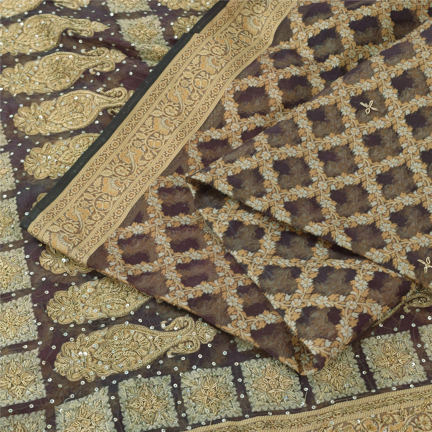 Sanskriti Vintage Sarees Lilla Håndperle ZardozI Vævet Ren Organza Sari Bæredygtigt Stof