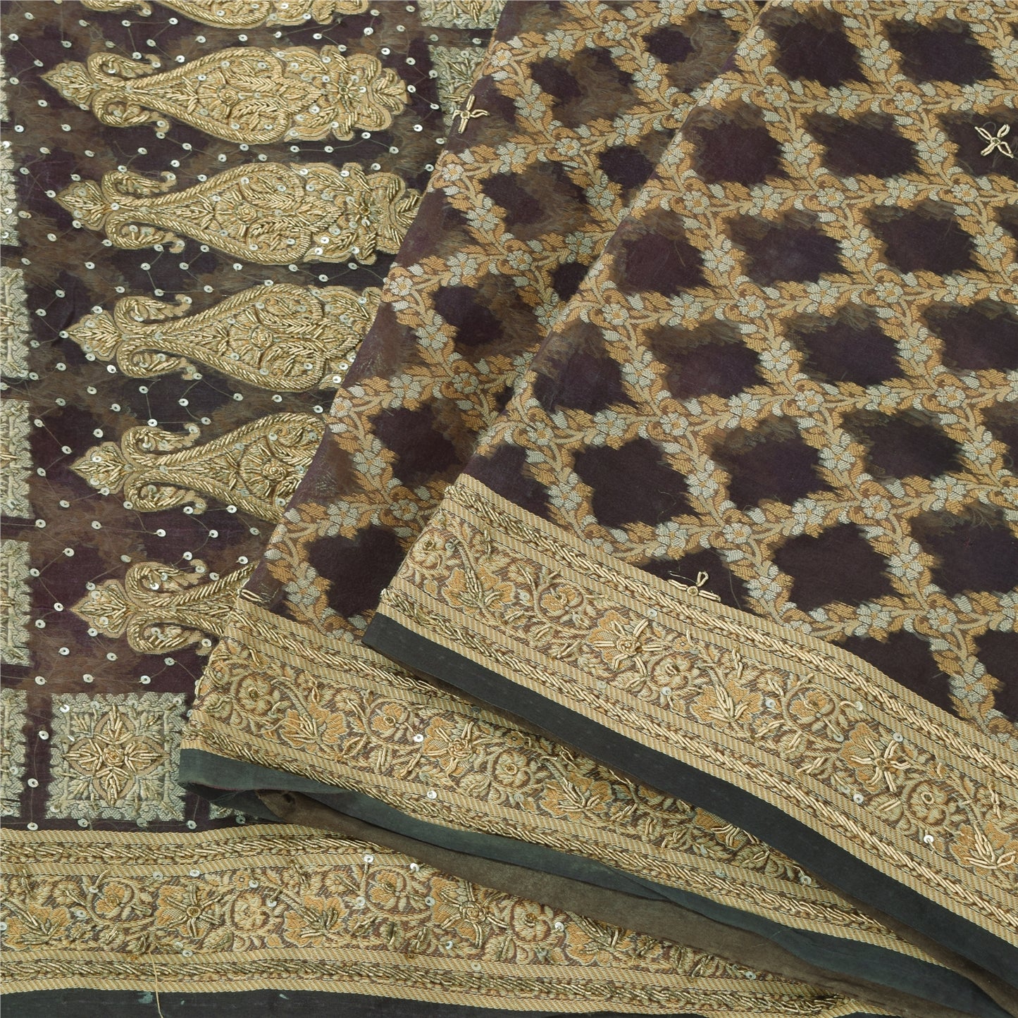 Sanskriti Vintage Sarees Lilla Håndperle ZardozI Vævet Ren Organza Sari Bæredygtigt Stof