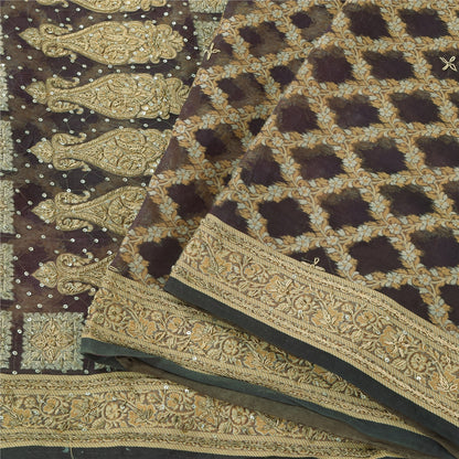 Sanskriti Vintage Sarees Lilla Håndperle ZardozI Vævet Ren Organza Sari Bæredygtigt Stof