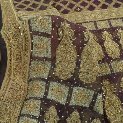 Sanskriti Vintage Sarees Lilla Håndperle ZardozI Vævet Ren Organza Sari Bæredygtigt Stof