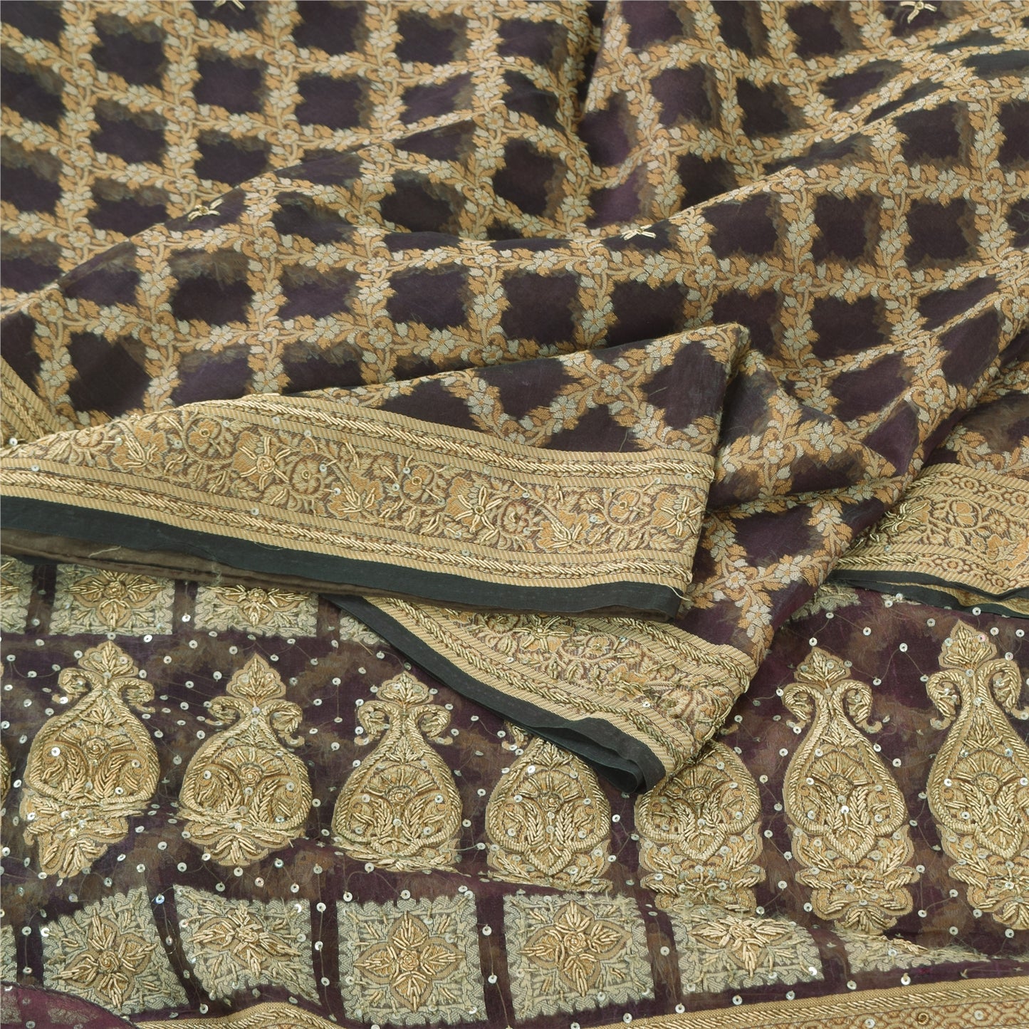 Sanskriti Vintage Sarees Lilla Håndperle ZardozI Vævet Ren Organza Sari Bæredygtigt Stof