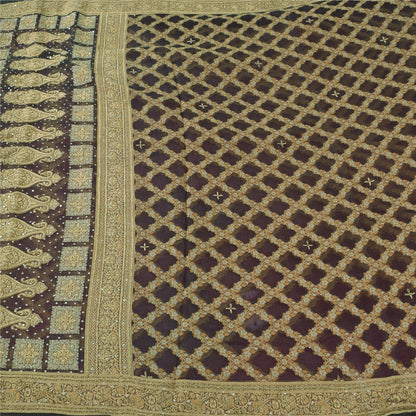 Sanskriti Vintage Sarees Lilla Håndperle ZardozI Vævet Ren Organza Sari Bæredygtigt Stof