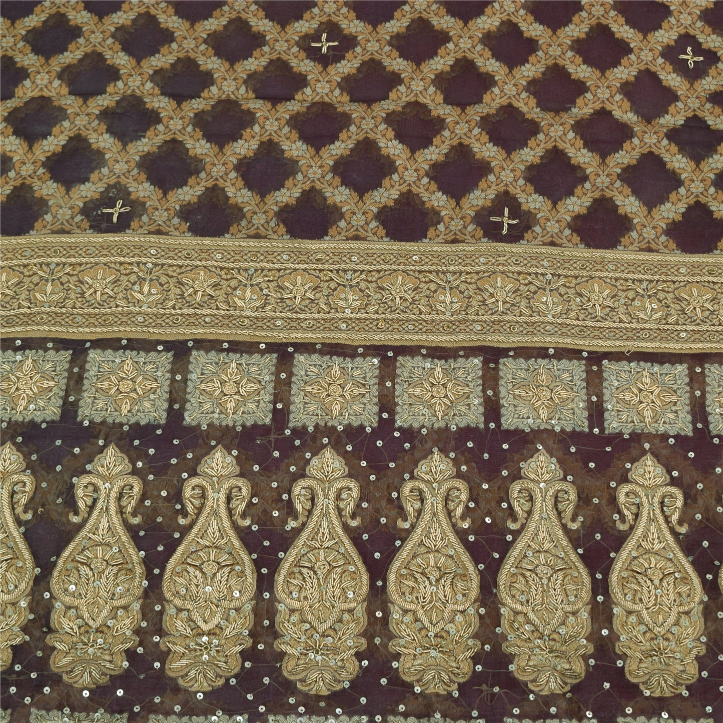 Sanskriti Vintage Sarees Lilla Håndperle ZardozI Vævet Ren Organza Sari Bæredygtigt Stof