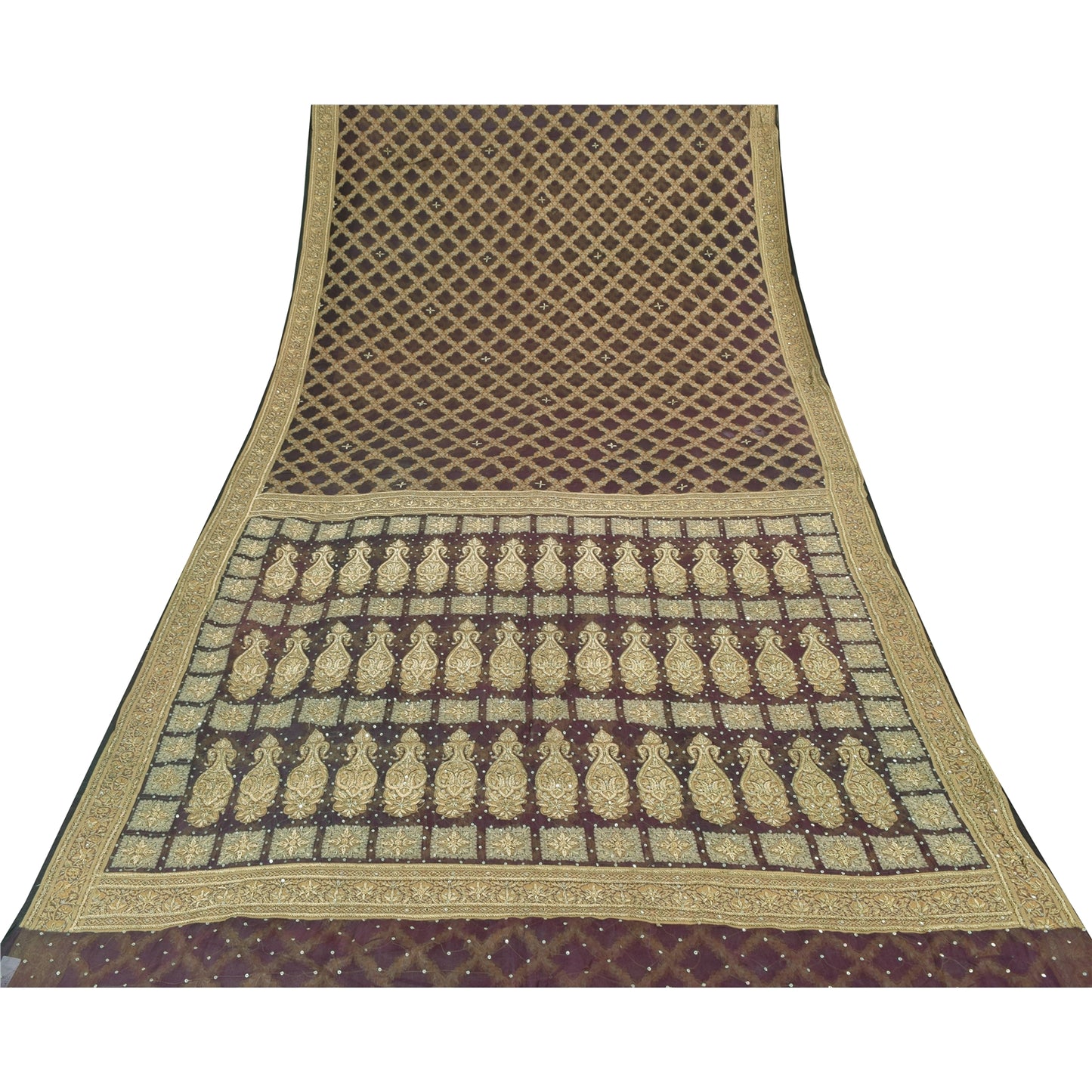 Sanskriti Vintage Sarees Lilla Håndperle ZardozI Vævet Ren Organza Sari Bæredygtigt Stof