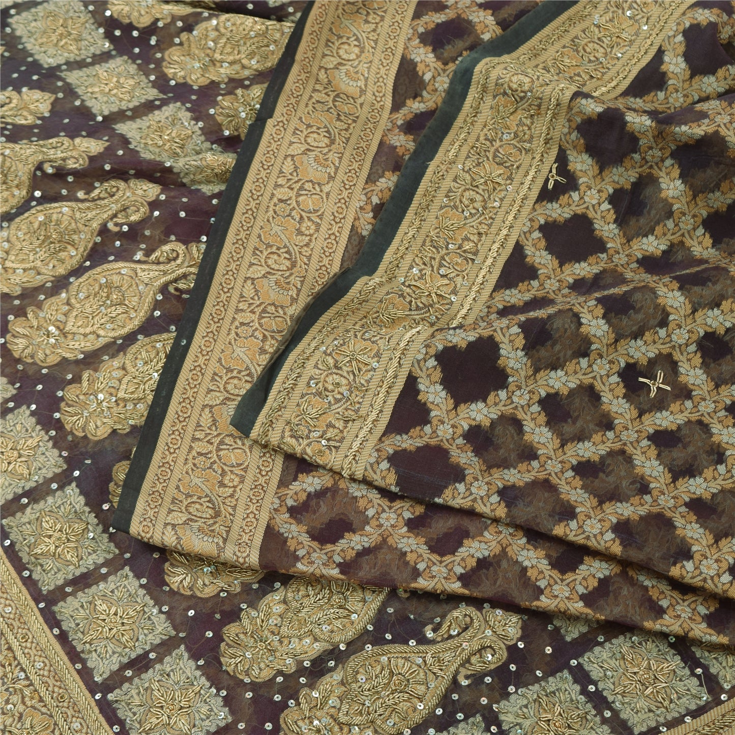 Sanskriti Vintage Sarees Lilla Håndperle ZardozI Vævet Ren Organza Sari Bæredygtigt Stof