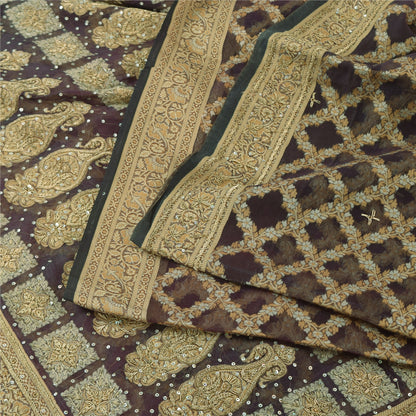 Sanskriti Vintage Sarees Lilla Håndperle ZardozI Vævet Ren Organza Sari Bæredygtigt Stof