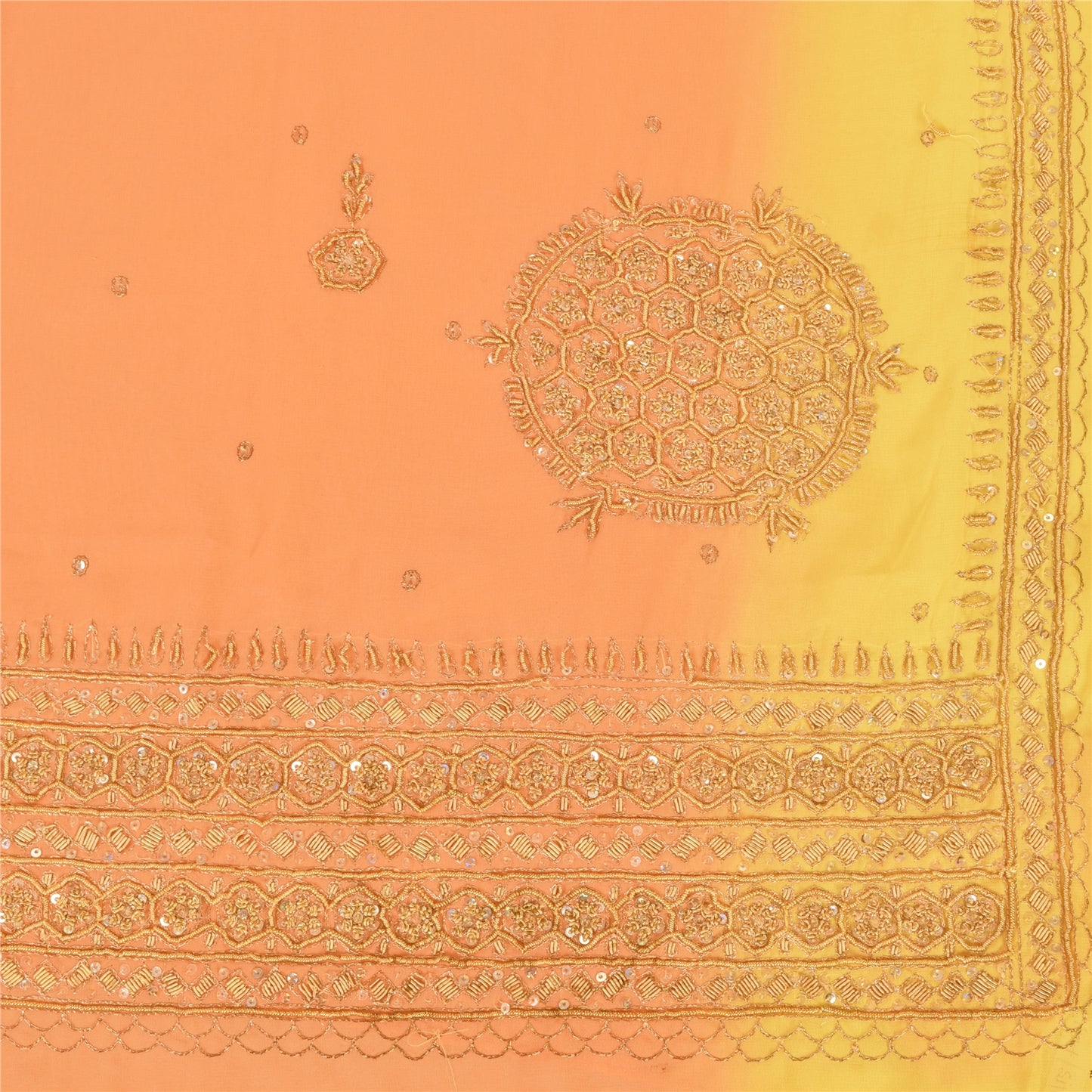 Sanskriti Vintage Sarees Orange Hand Beaded Zardozi Georgette Sari Craft Sustainable Fabric