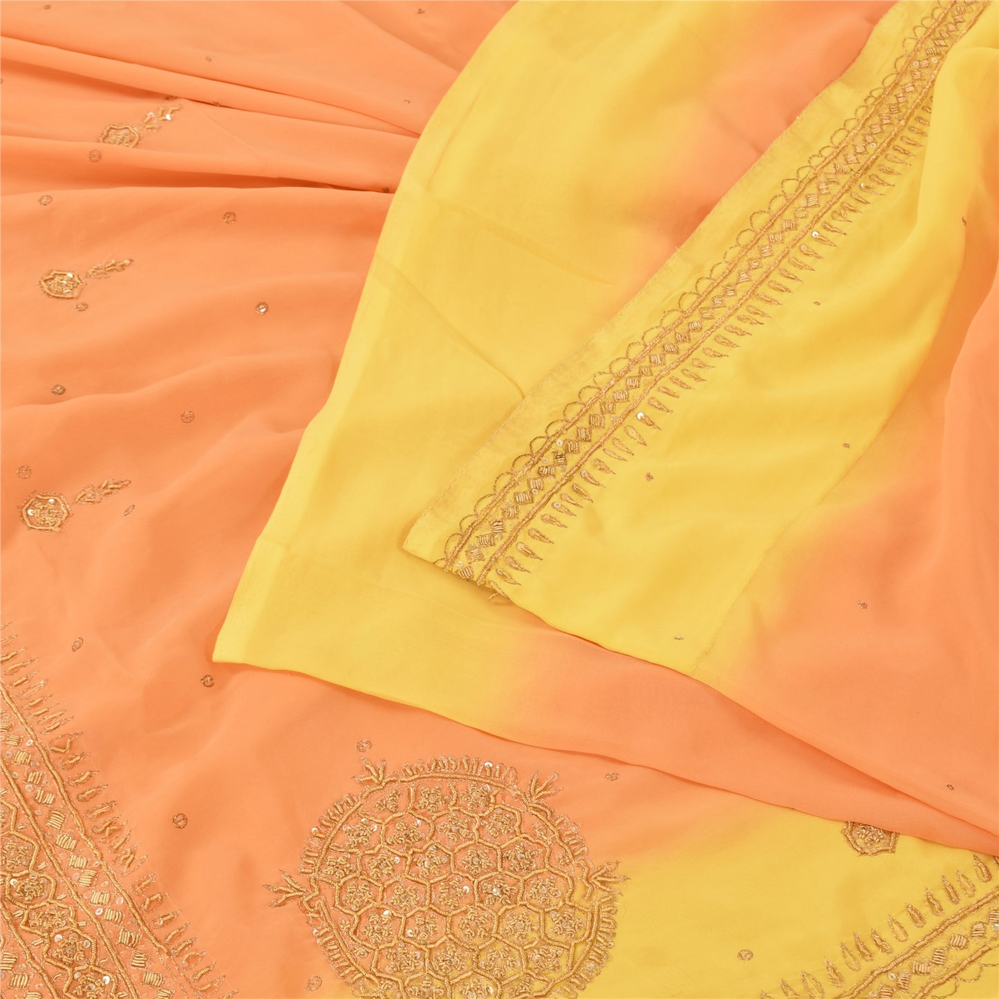 Sanskriti Vintage Sarees Orange Hand Beaded Zardozi Georgette Sari Craft Sustainable Fabric