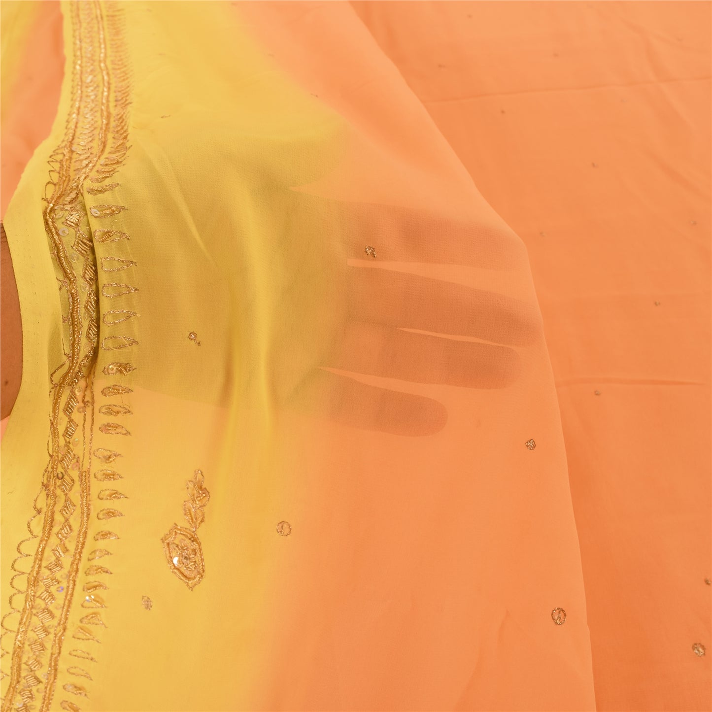 Sanskriti Vintage Sarees Orange Hand Beaded Zardozi Georgette Sari Craft Sustainable Fabric