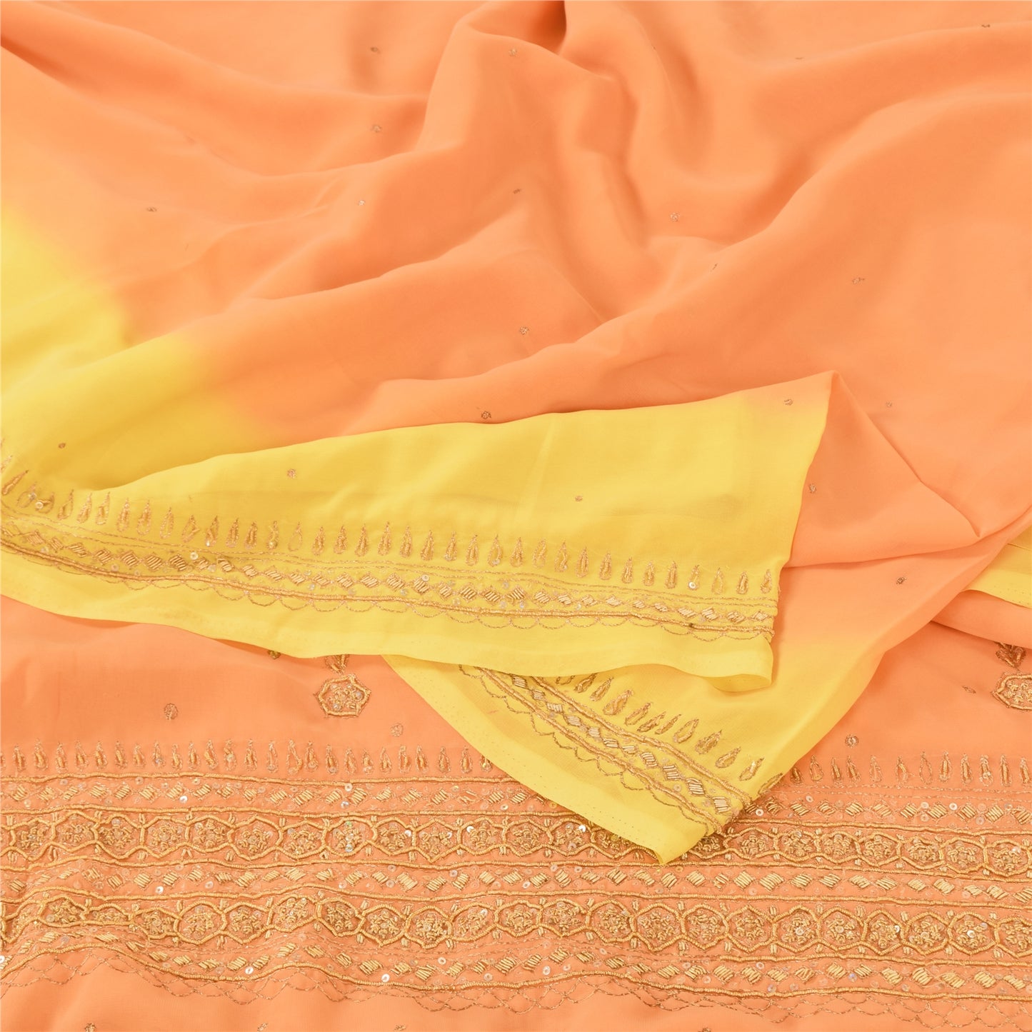 Sanskriti Vintage Sarees Orange Hand Beaded Zardozi Georgette Sari Craft Sustainable Fabric