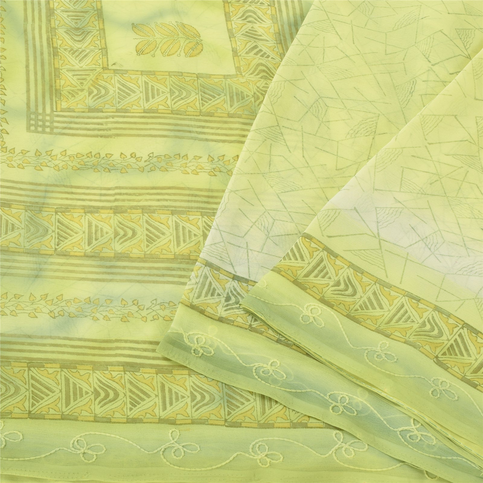 Sanskriti Vintage Saree Lemon Green Georgette 6Yd Saree hand Block Printed & Embroidered Border Indian Sari Soft Craft Fabric