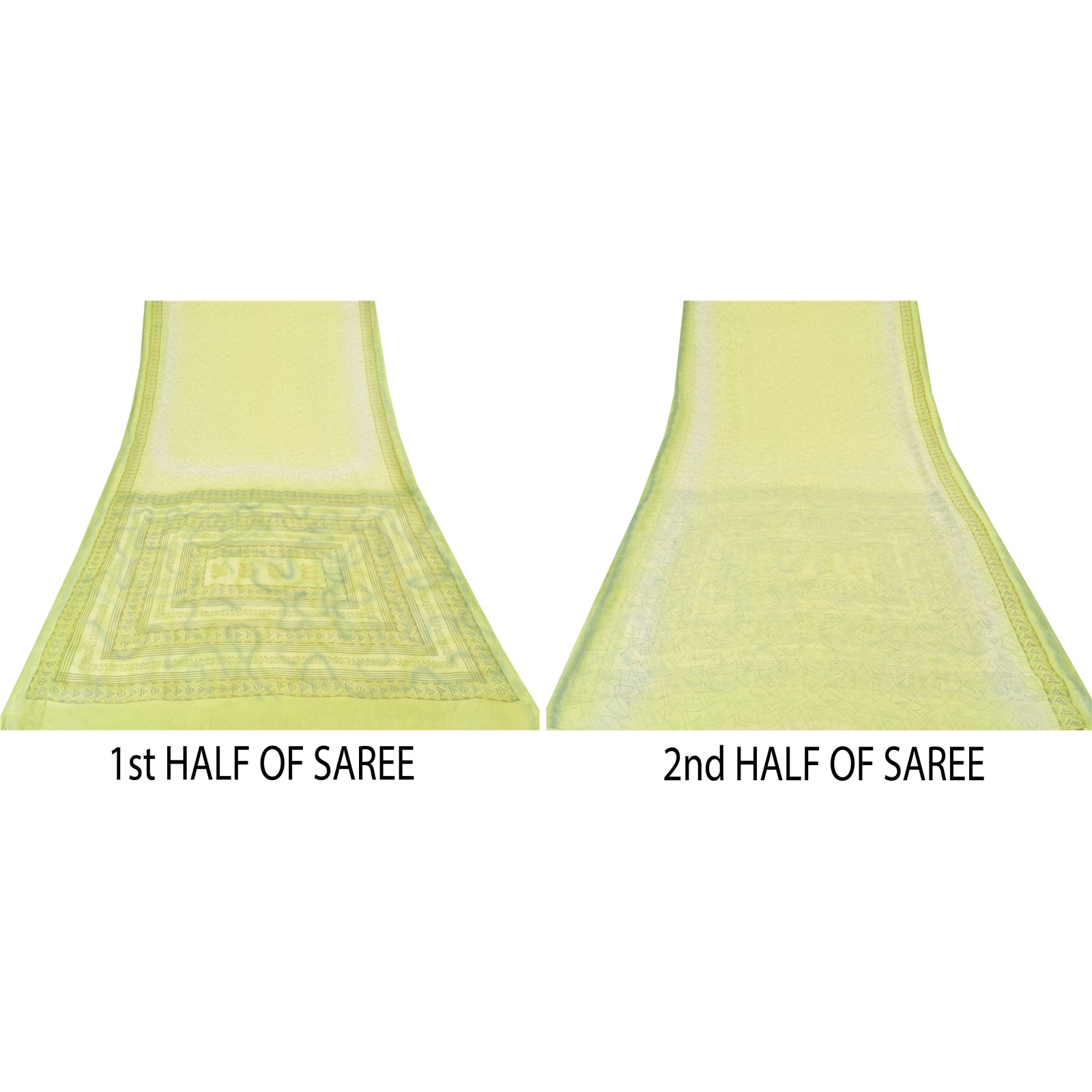 Sanskriti Vintage Saree Lemon Green Georgette 6Yd Saree hand Block Printed & Embroidered Border Indian Sari Soft Craft Fabric