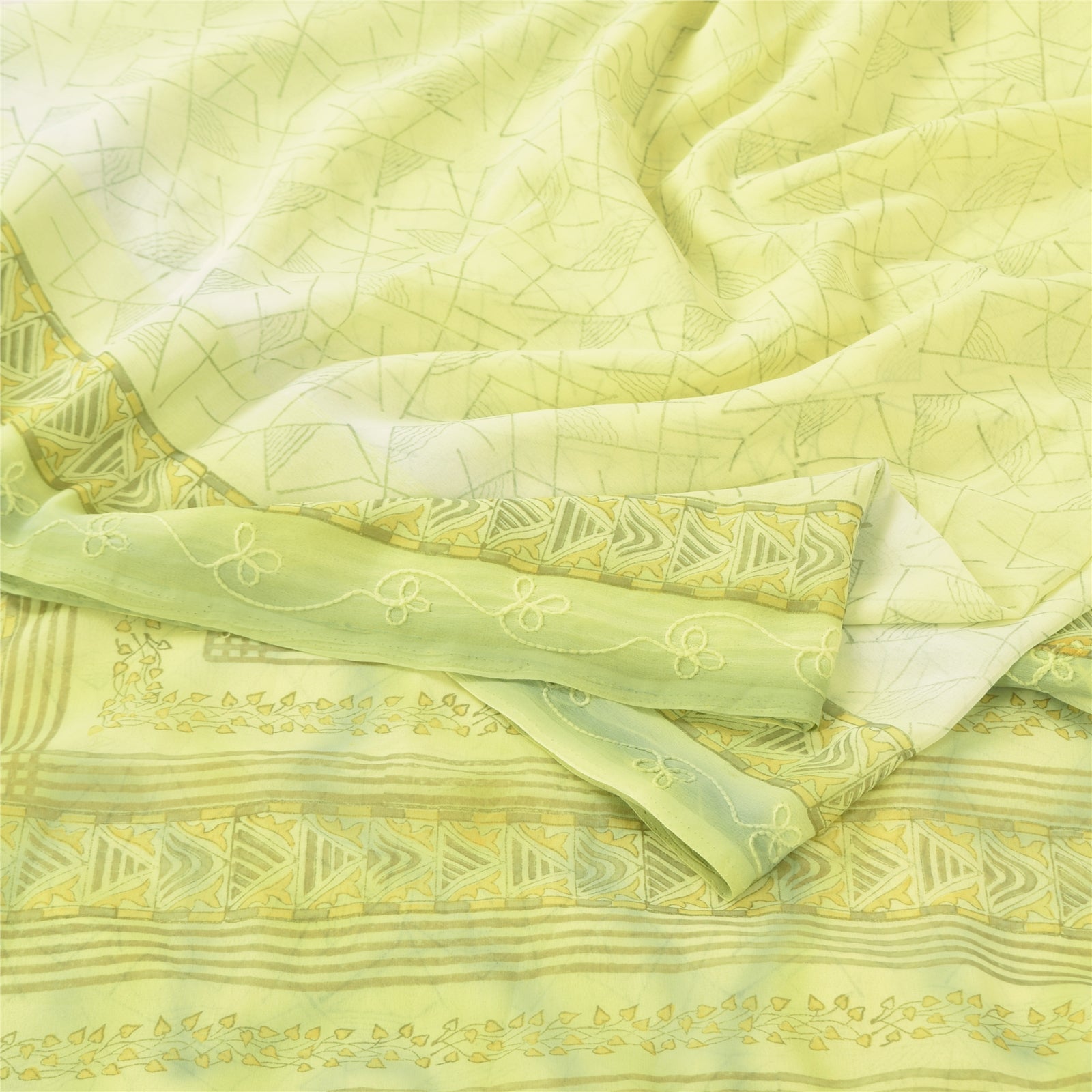 Sanskriti Vintage Saree Lemon Green Georgette 6Yd Saree hand Block Printed & Embroidered Border Indian Sari Soft Craft Fabric