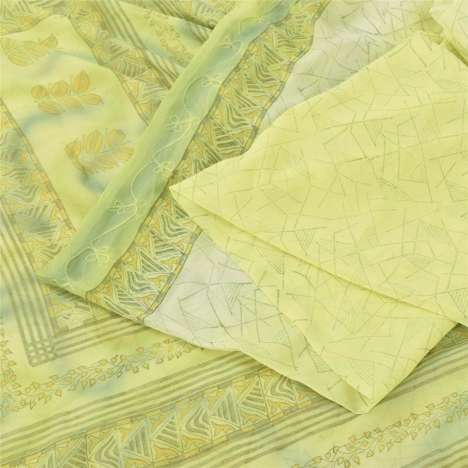Sanskriti Vintage Saree Lemon Green Georgette 6Yd Saree hand Block Printed & Embroidered Border Indian Sari Soft Craft Fabric