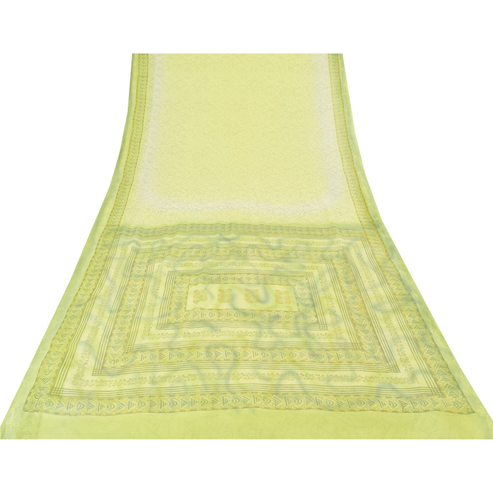 Sanskriti Vintage Saree Lemon Green Georgette 6Yd Saree hand Block Printed & Embroidered Border Indian Sari Soft Craft Fabric