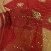 Sanskriti Vintage Red/Beige Sarees Pure Georgette Hand Beaded Sari Craft Sustainable Fabric