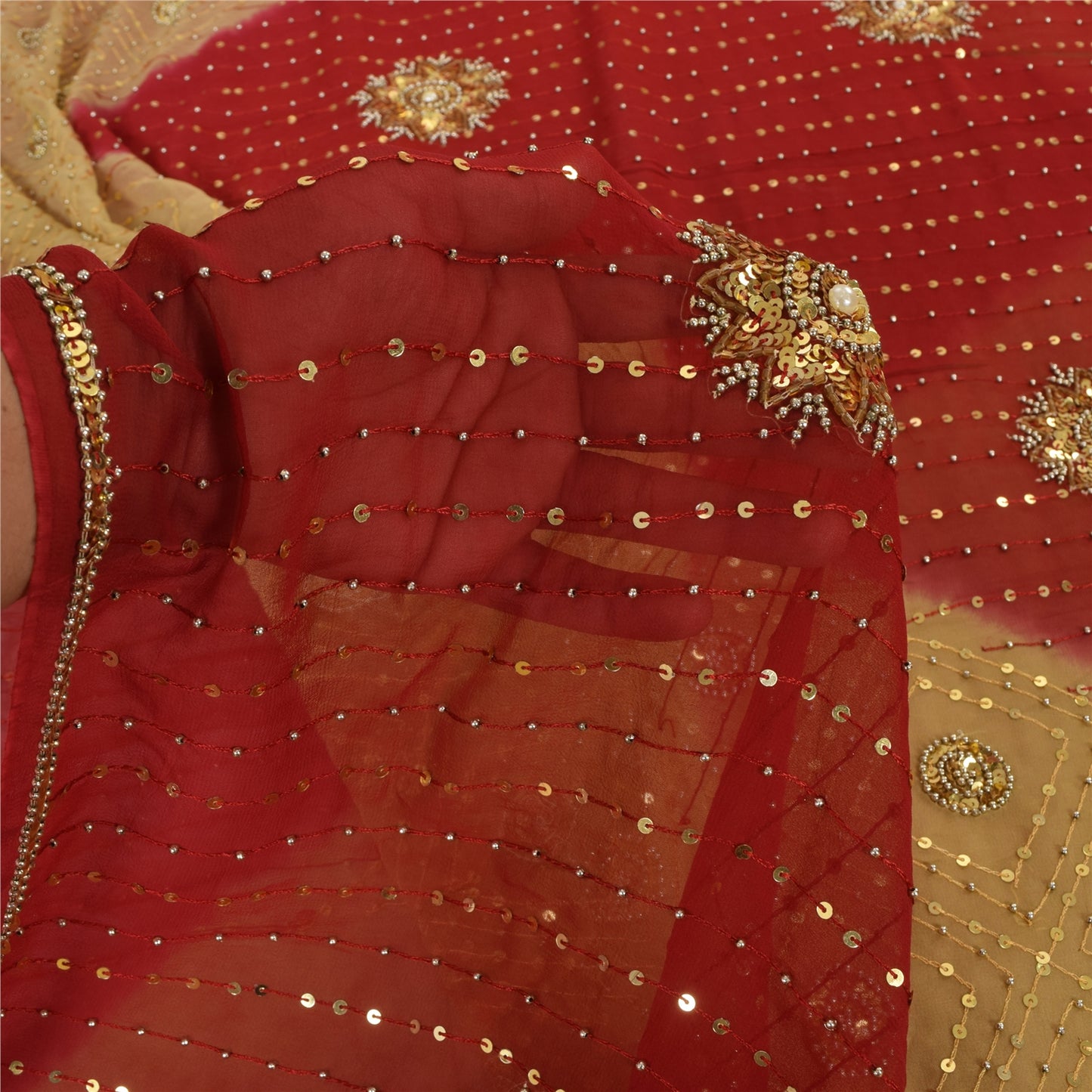 Sanskriti Vintage Red/Beige Sarees Pure Georgette Hand Beaded Sari Craft Sustainable Fabric
