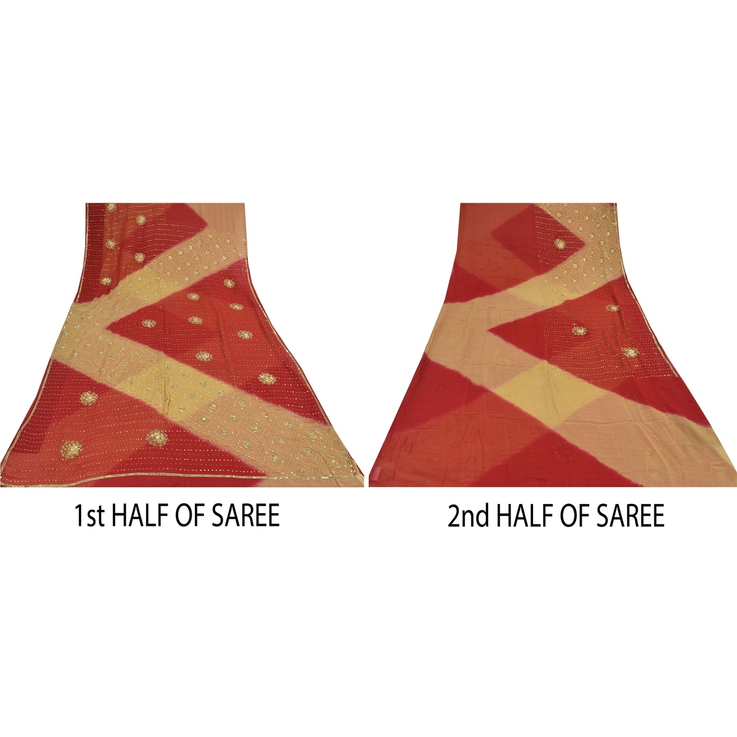 Sanskriti Vintage Red/Beige Sarees Pure Georgette Hand Beaded Sari Craft Sustainable Fabric