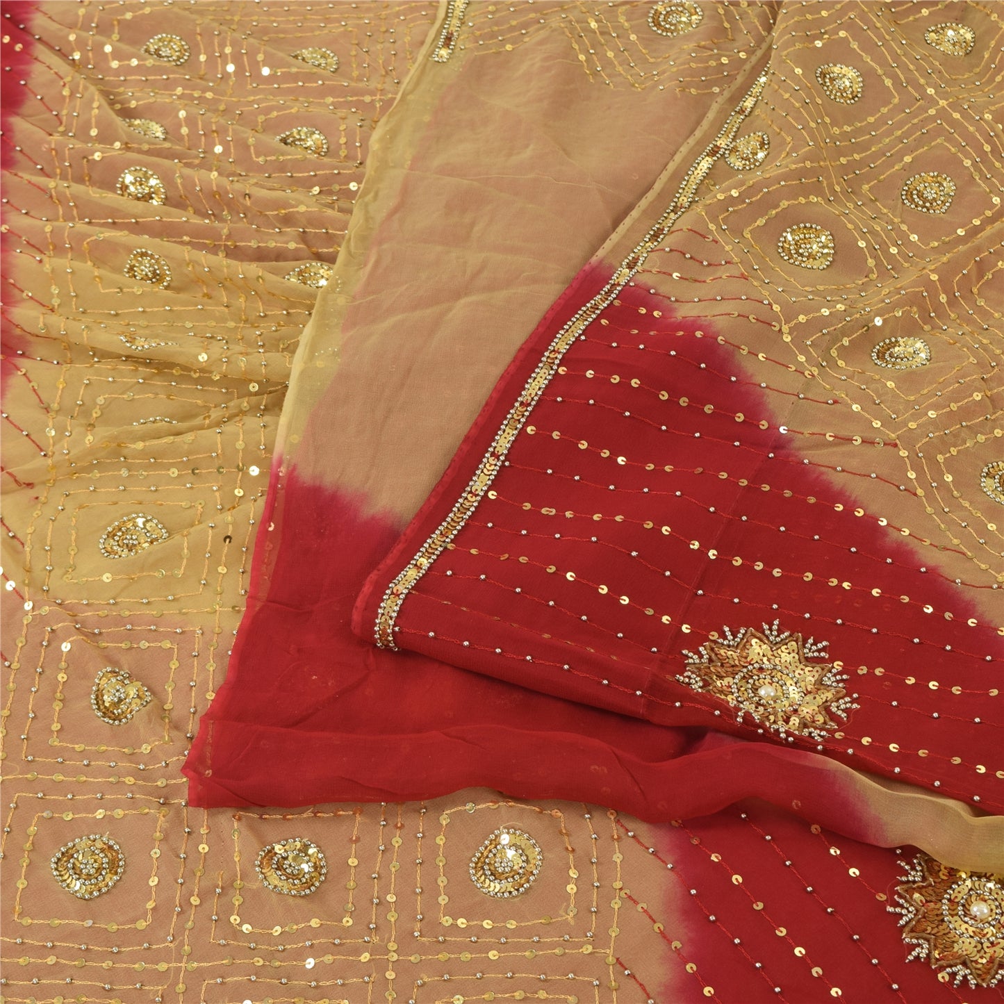 Sanskriti Vintage Red/Beige Sarees Pure Georgette Hand Beaded Sari Craft Sustainable Fabric