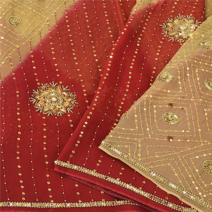 Sanskriti Vintage Red/Beige Sarees Pure Georgette Hand Beaded Sari Craft Sustainable Fabric