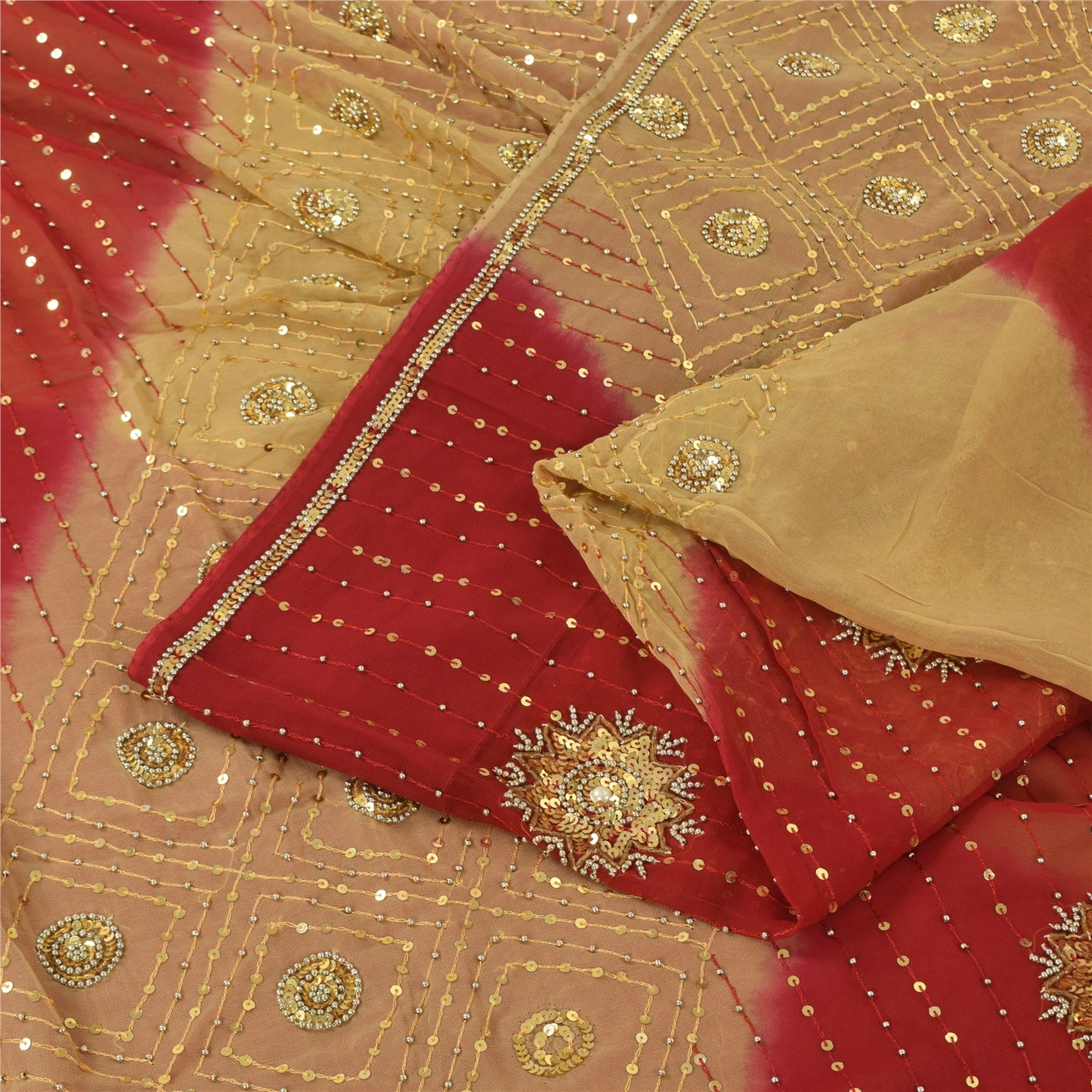 Sanskriti Vintage Red/Beige Sarees Pure Georgette Hand Beaded Sari Craft Sustainable Fabric