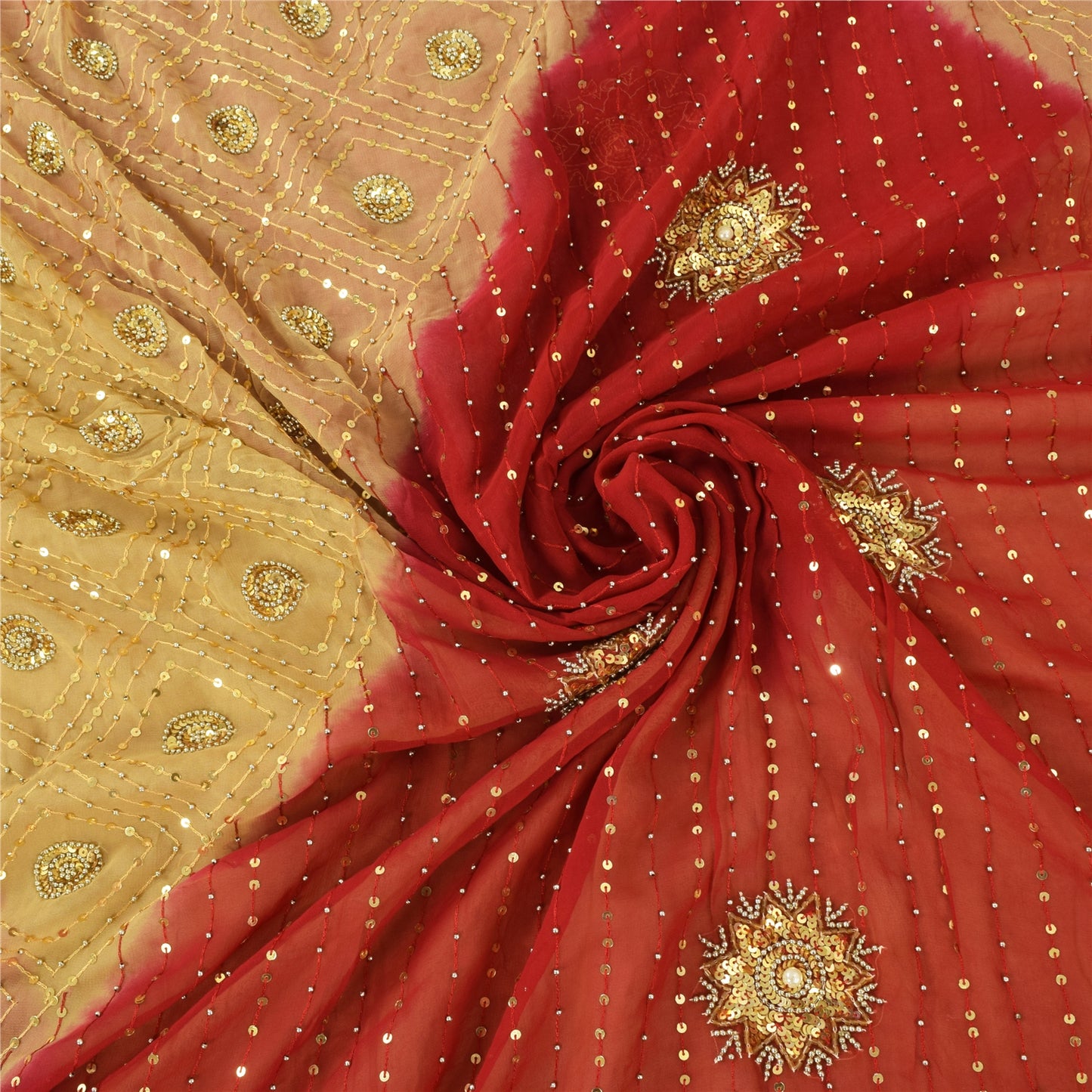 Sanskriti Vintage Red/Beige Sarees Pure Georgette Hand Beaded Sari Craft Sustainable Fabric