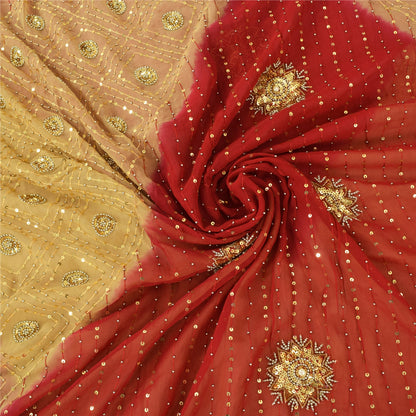 Sanskriti Vintage Red/Beige Sarees Pure Georgette Hand Beaded Sari Craft Sustainable Fabric
