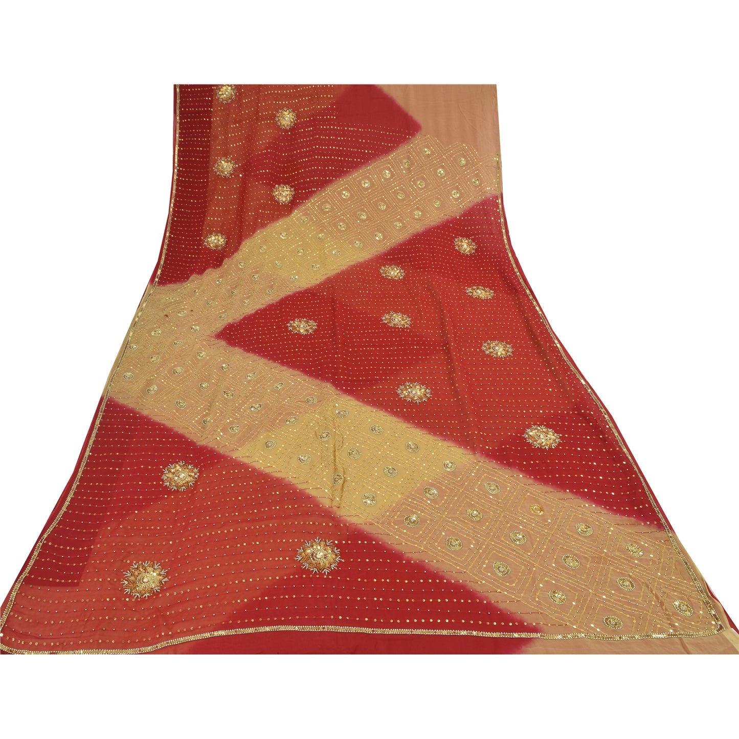 Sanskriti Vintage Red/Beige Sarees Pure Georgette Hand Beaded Sari Craft Sustainable Fabric