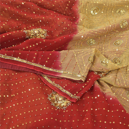 Sanskriti Vintage Red/Beige Sarees Pure Georgette Hand Beaded Sari Craft Sustainable Fabric