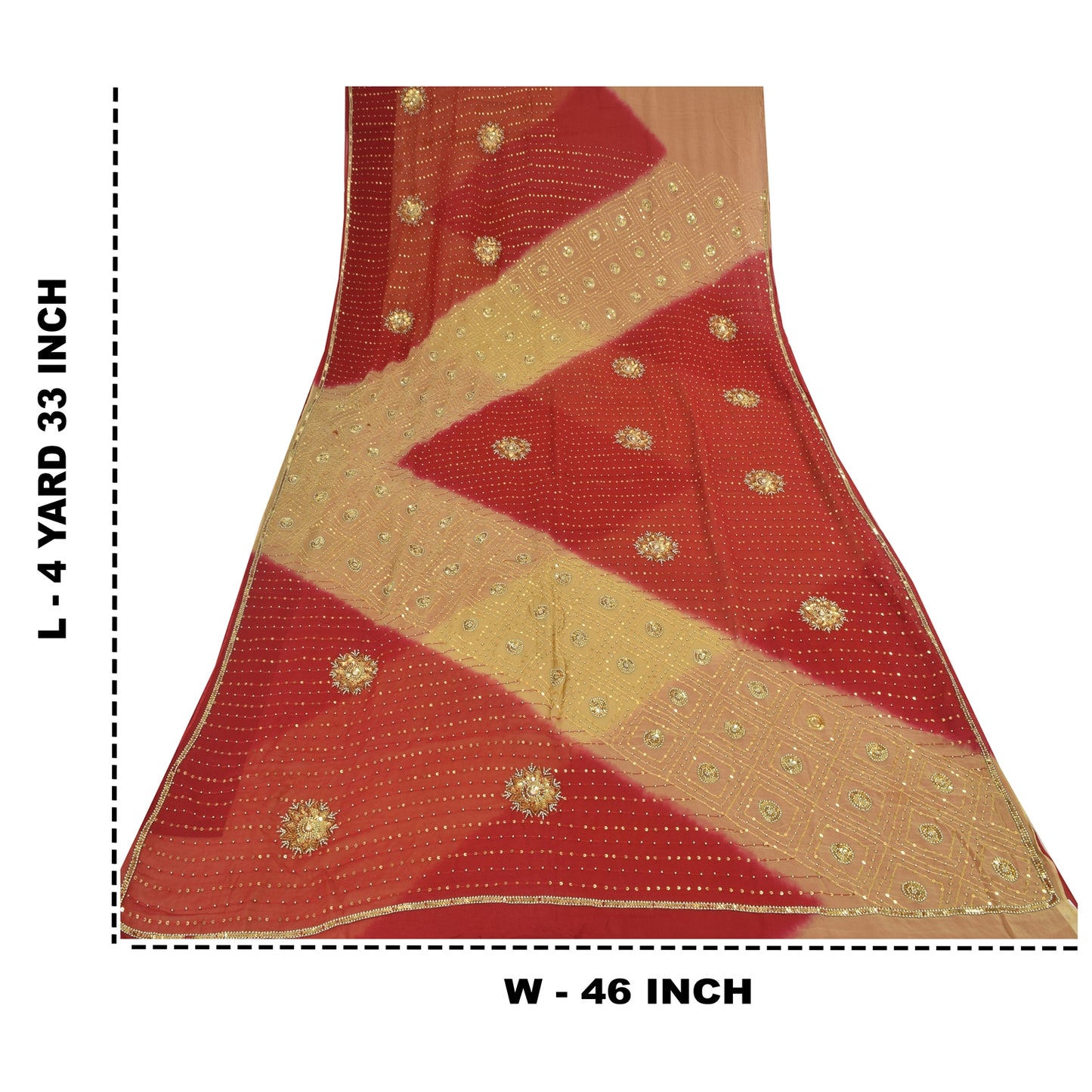 Sanskriti Vintage Red/Beige Sarees Pure Georgette Hand Beaded Sari Craft Sustainable Fabric